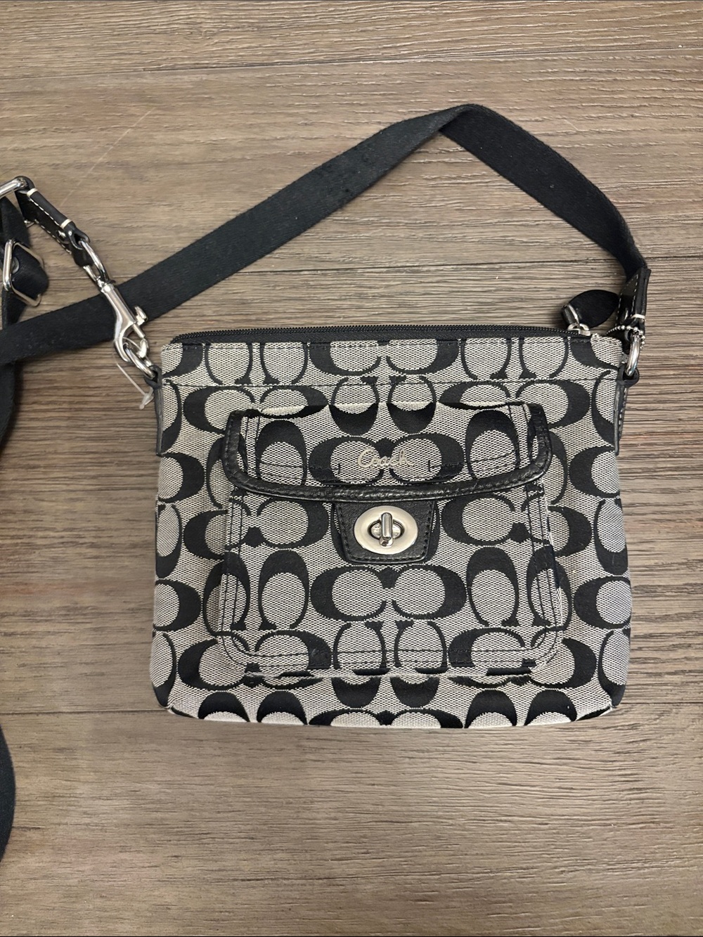 Coach Black and Gray Signature Canvas Crossbody with Turn-Lock Front Pocket
